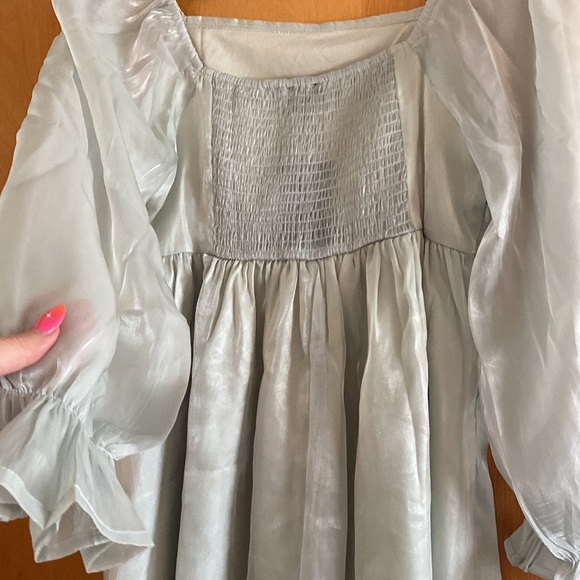 Womens Puff Sleeve Square Neck Puffy Dress Babydoll Mesh Mini Dress - Picture 3 of 5